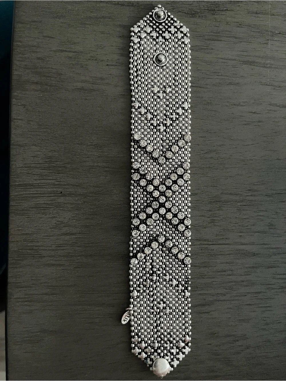 Liquid Metal Silver Crystal Beaded Wide Bracelet